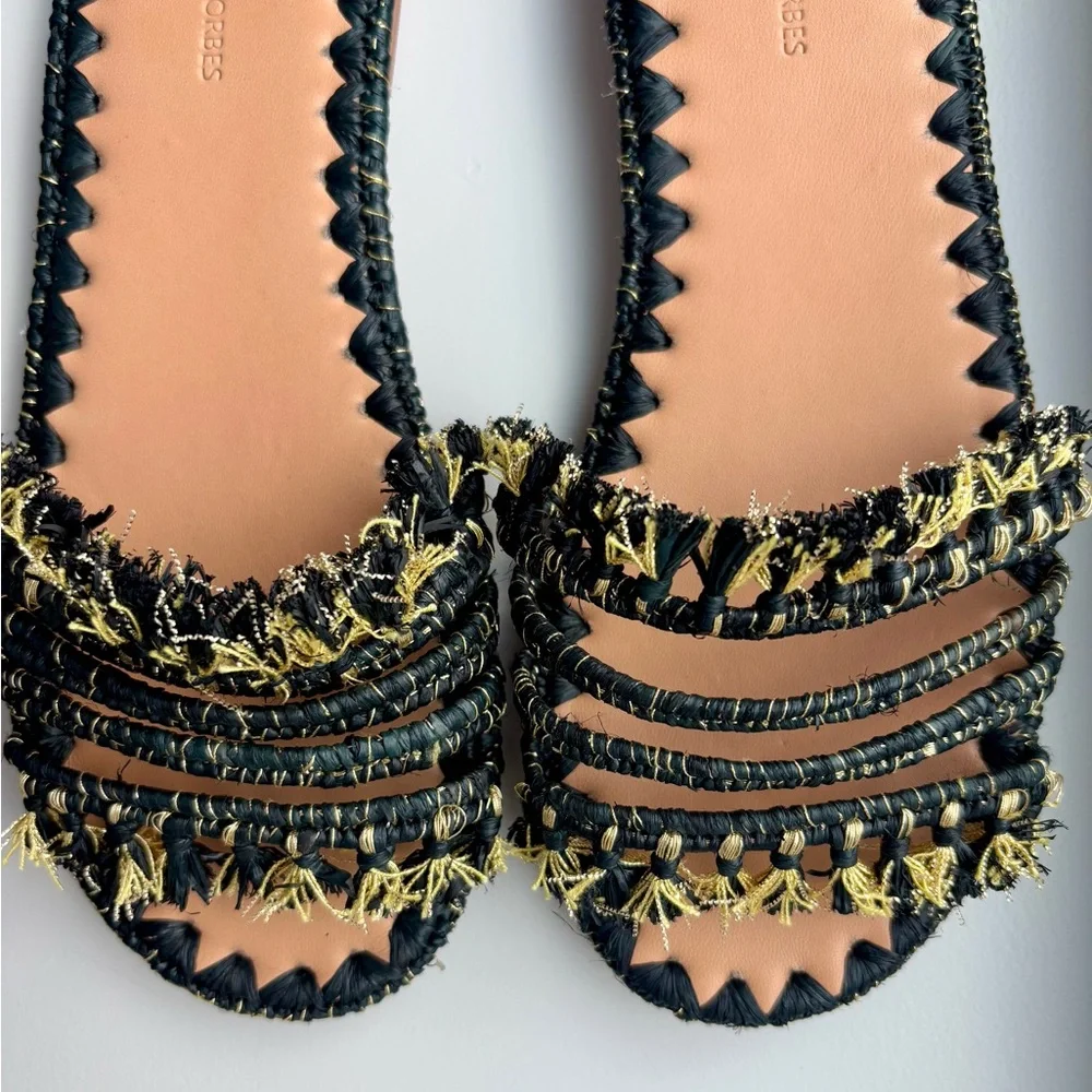 Carrie Forbes Mars Raffia Woven Sandals Black & Gold NEW
